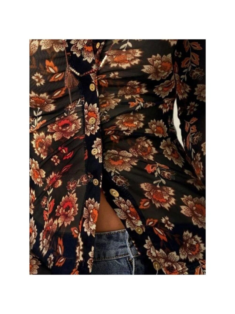 Printed Flare Sleeve Button Down Top
